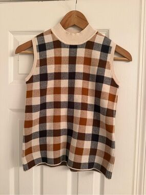 LOFT Plaid Sleeveless Knit Tank in Cream, Brown and Black